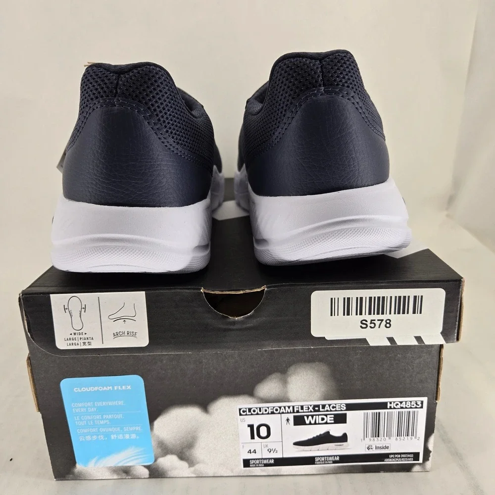 Adidas Cloudfoam Flex Laces Mens 10 Wide Navy Blue Running Shoes HQ4853 New